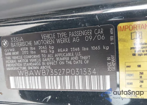 2007 BMW 335I из США, поврежденный, VIN WBAWB73527P031334